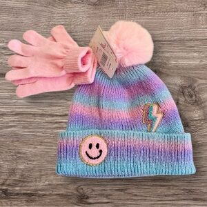 InMocean Rainbow Sugar Big Girls Hat with Patches and Gloves, 2 Piece Set